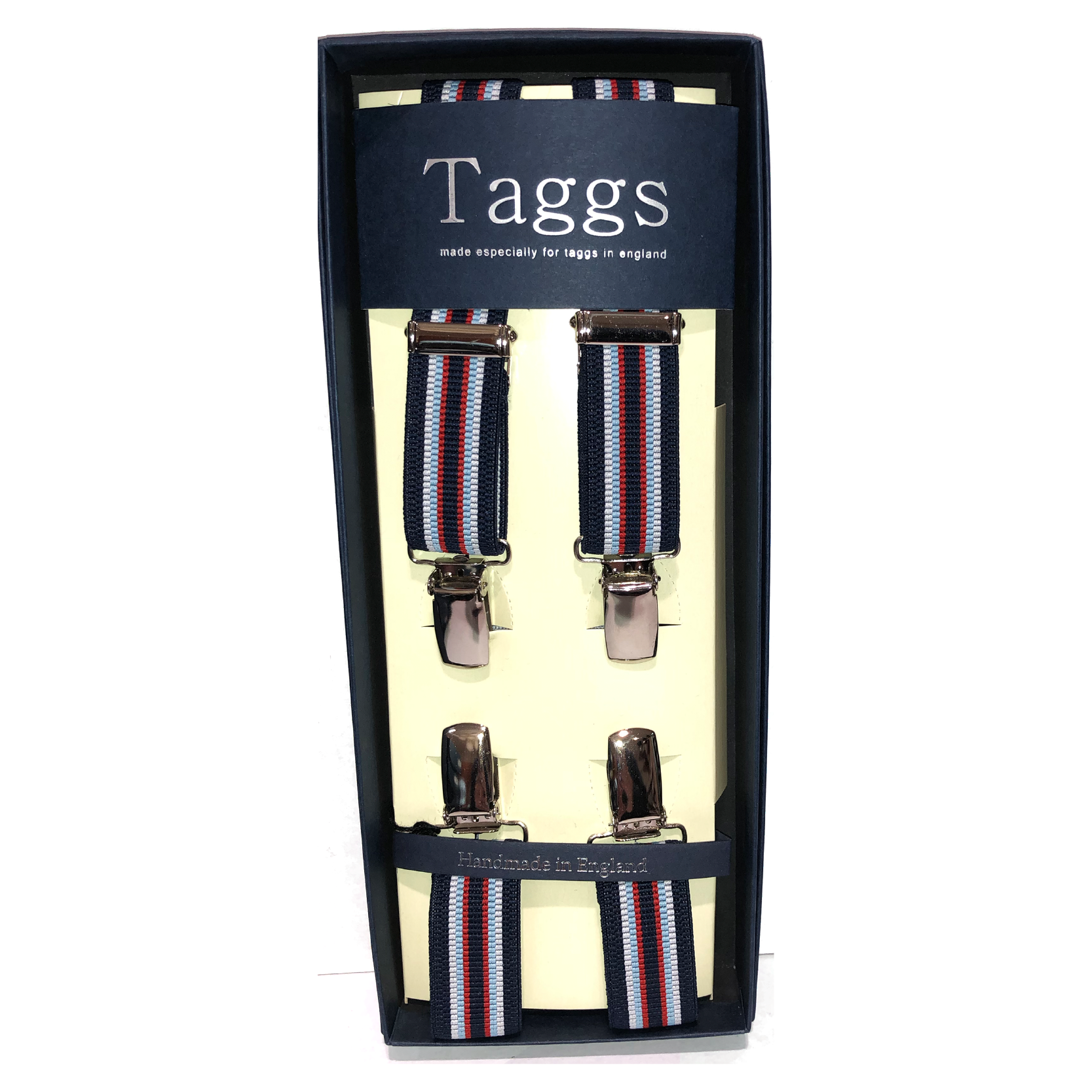 Navy, Red & White Clip End Suspenders
